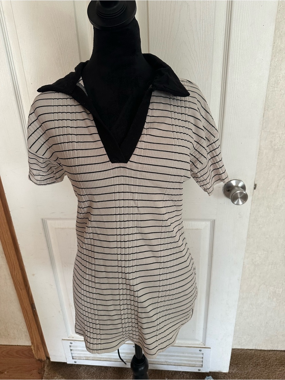 HEIMISH USA Black & Cream Striped V-Neck Polo Tee
